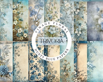 Dusty Blue Vintage Floral Digital Papers, Azure Junk Journal Kit, Victorian Ephemera for Scrapbooking, Aged Aesthetic Textures, Paper Craft