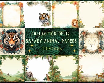 Safari Animals Digital Papers: African Wildlife Jungle Safari and Wildlife Africa Watercolor Nursery Decor Scrapbooking Junk Journals