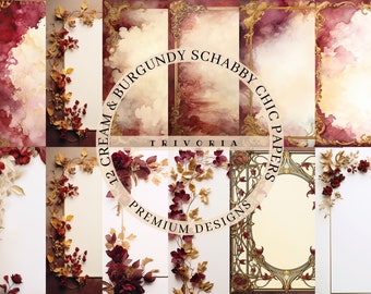Burgundy, Gold and Cream Digital Papers: Victorian Invitation Card Borders Antique Medieval Illuminated Frames Maroon Marsala Fall Flowers 2