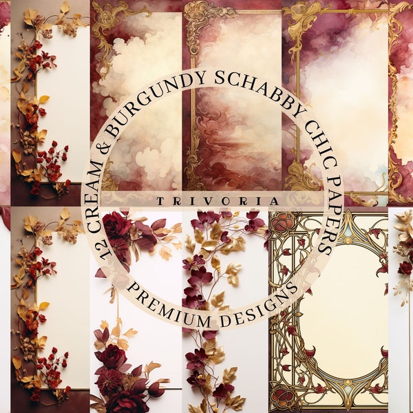 Burgundy, Gold and Cream Digital Papers: Victorian Invitation Card Borders Antique Medieval Illuminated Frames Maroon Marsala Fall Flowers 2