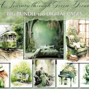 Big Bundle: Green Junk Journal Paper Watercolor Castle Mint Carriage Patterns, Mixed Media Music, Digital Download for Commercial Use