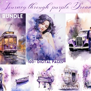 Paquete grande: Purple Junk Journal Lavanda Lila Acuarela Patrones Vintage Shabby Chic Castle Carriage Música Descarga digital Uso comercial