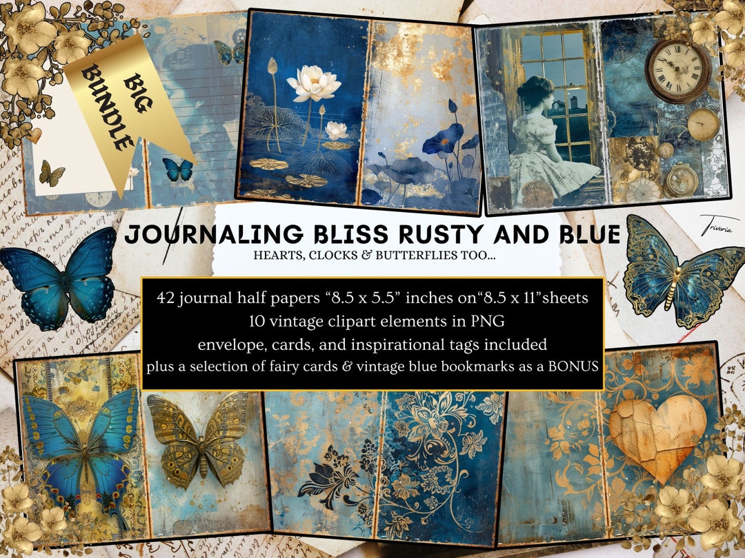 Blue Gold Vintage Junk Journal Kit Floral & Victorian Lady Printable ...