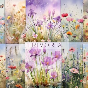 Spring Meadow Watercolor Flowers Digital Paper Printable Wildflower Pages Scrapbook Supplies Shabby Chic Journal Materials Spring Flower 1