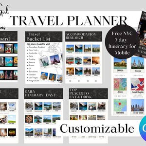 TRAVEL PLANNER, Itinerary template, editable in Canva, Vacation planner with packing list, check list, 7 day itinerary, printable