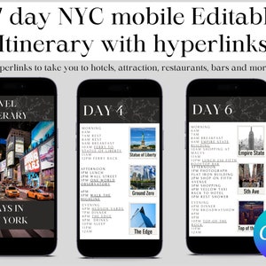 Travel Itinerary , Digital and printable 7 day Travel Itinerary, Customizable itinerary planner. 7 day Itinerary in New York