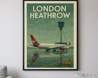 Vintage Rainy London Heathrow Airport (Virgin Atlantic) Travel Poster