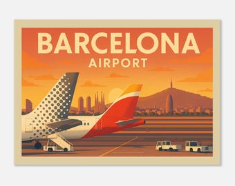 Vintage Style Barcelona El-Prat Airport (Barcelona Sunset Skyline) Travel Poster