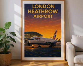 Vintage Sunset Style London Heathrow Airport (Terminal 5 - British Airways) Travel Poster