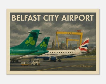 Vintage Belfast City Airport Travel Poster - Retro Skyline Art