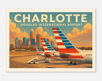 Vintage Style Charlotte Douglas International Airport (Charlotte City Skyline) Travel Poster