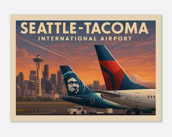 Vintage Style Seattle-Tacoma International Airport (Seattle City Skyline) Travel Poster