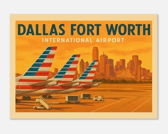 Vintage Style Dallas Fort Worth International Airport (Dallas City Skyline) Travel Poster