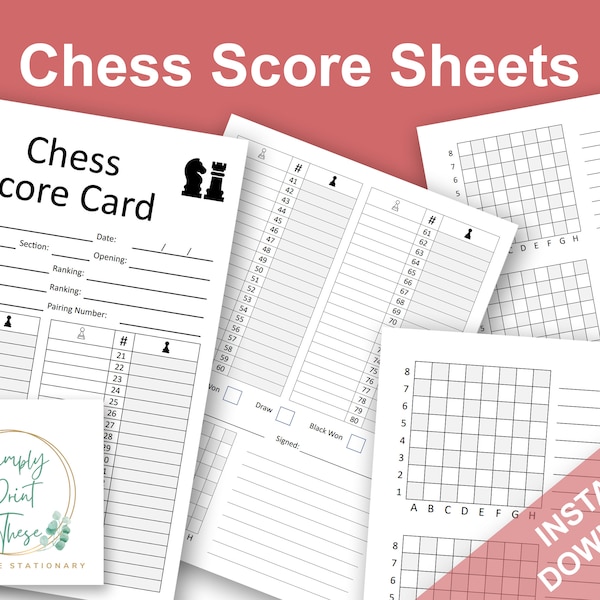 Printable Chess Notation Sheets to record your Chess matches and chess tournaments or to help you learn how to play Chess. Instant Download!