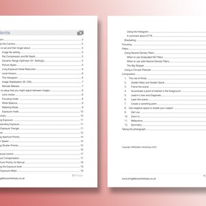 May include: Two-page spread from a photography workshop guide. The left page lists the contents, including topics like "Exposure Mode" and "Aperture." The right page covers topics like "Focusing" and "Composition." The guide is printed on white paper with a red border.