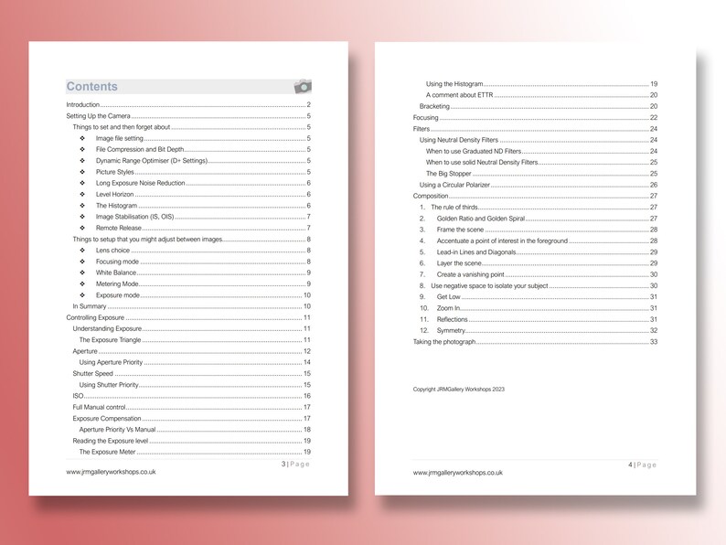May include: Two-page spread from a photography workshop guide. The left page lists the contents, including topics like "Exposure Mode" and "Aperture." The right page covers topics like "Focusing" and "Composition." The guide is printed on white paper with a red border.