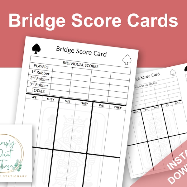 Printable Bridge Score Sheets to record your Bridge Card games, Bridge Score Card, Learn to play Bridge. PDF download printable stationery