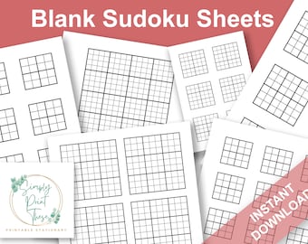 Blank Sudoku Squares: 9x9, 16x16, 6x6, 4x4 (Printable PDF)