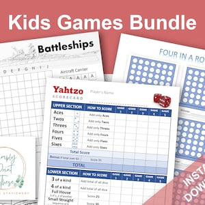 Printable Kids Games Bundle: Battleships, Four In A Row, Yahtzo (Digital Download)