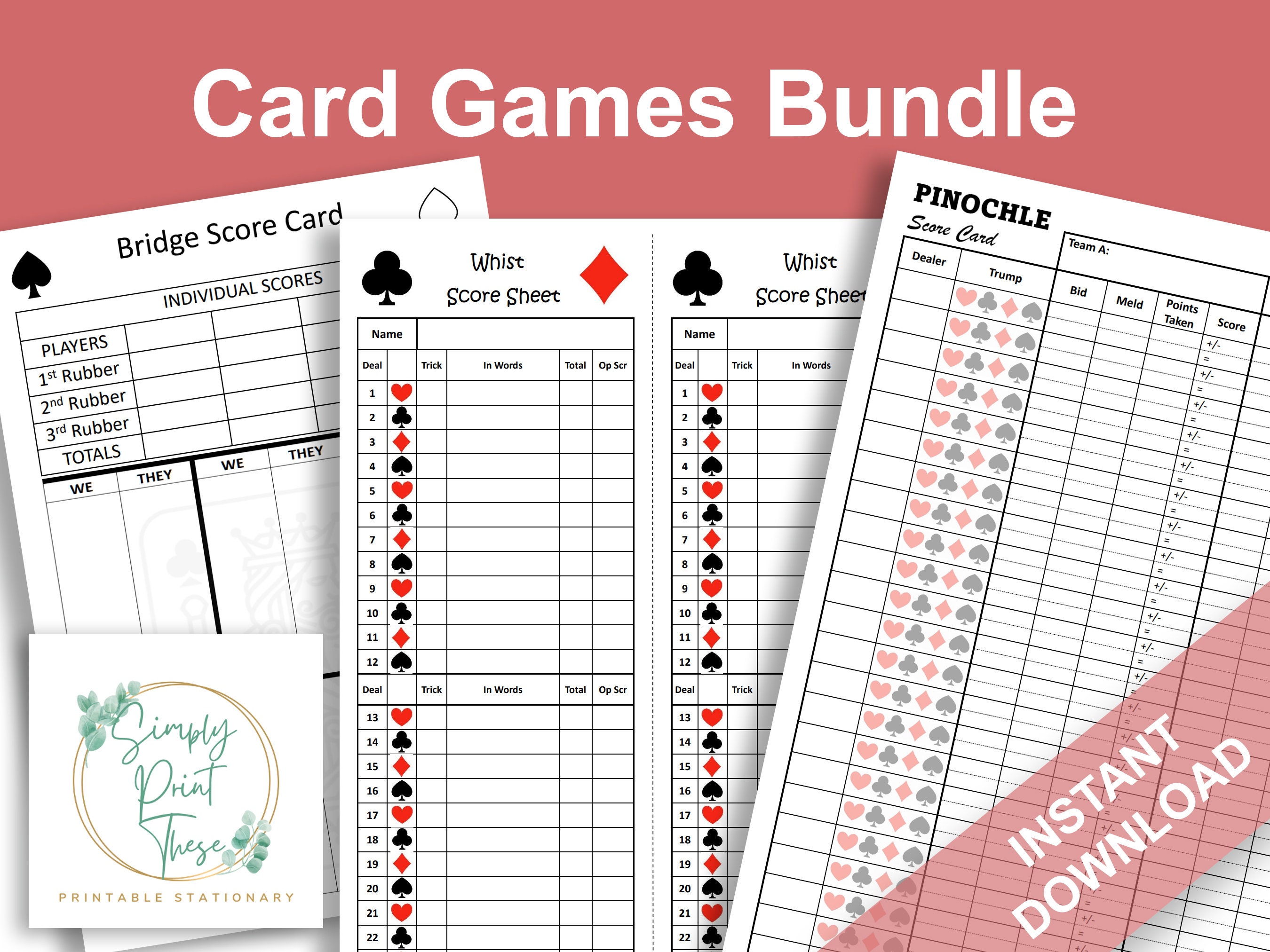 Printable Card Games Bundle, Bridge Card Game, Whist Card Came