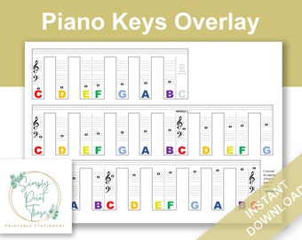 Piano Keyboard Overlay, to help to teach or learn to play the piano. Learn to play music. Printable PDF file