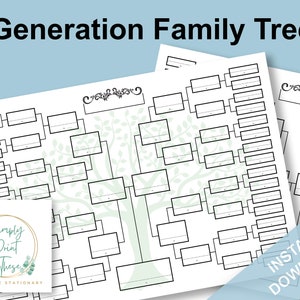 May include: Printable 6 generation family tree template with a green tree design. The template has spaces for names and dates. The text "Simply Print These" is in a circle with a gold border and green leaves. The text "INSTANT DOWNLOAD" is in a white rectangle with a black border.