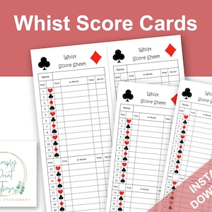 Printable Whist Score Sheets to record your Whist Card games, Whist Score Card, Learn to play Whist. Instant Download.