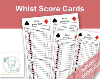 Printable Whist Score Sheets to record your Whist Card games, Whist Score Card, Learn to play Whist. Instant Download.