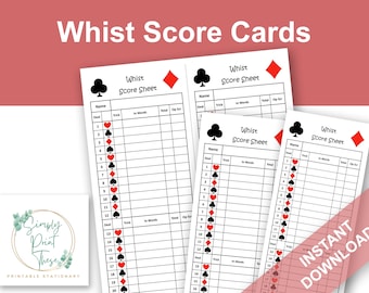 Printable Whist Score Sheets to record your Whist Card games, Whist Score Card, Learn to play Whist. Instant Download.