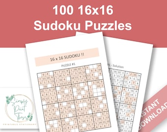 100 Printable 16x16 Sudoku puzzles for you to complete. Complete with solutions.  Instant Download!!!
