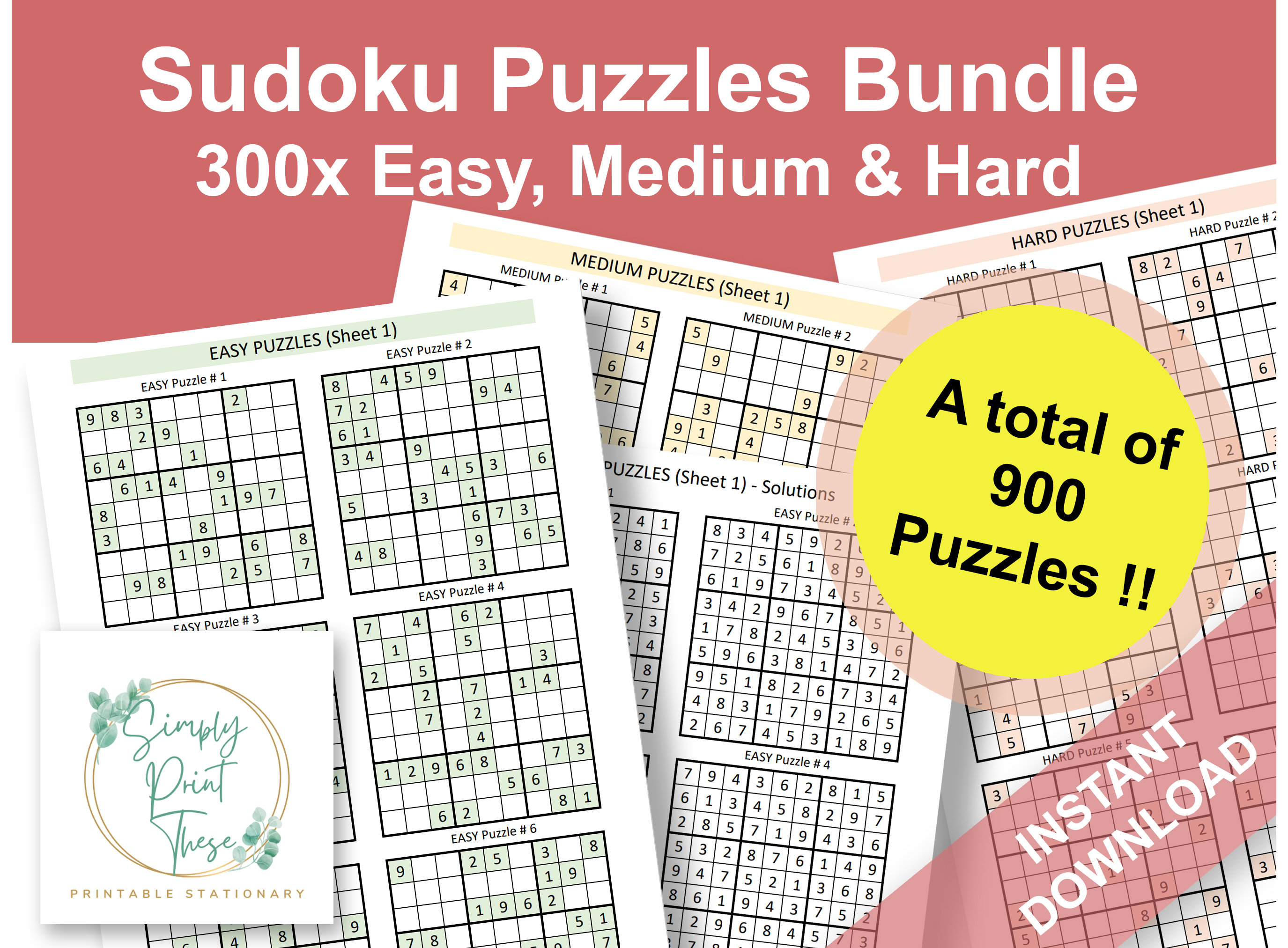 900 Sudoku Puzzles: Easy, Medium, Hard (printable PDF) - Etsy