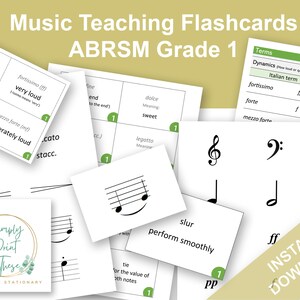 May include: A set of printable flashcards for teaching music theory to children. The flashcards feature musical terms, symbols, and clefs. The flashcards are labeled with the ABRSM Grade 1 curriculum. The text on the flashcards includes terms like "forte", "piano", "legato", "staccato", "slur", and "dolce".