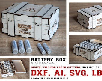 battery box for laser cutting in 4 mm, 2 different inlay, for AA and AAA battery. dxf, Ai, svg, lbm2, no physical product.