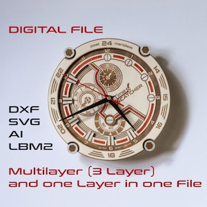 May include: A wooden clock face with a red and white design. The clock face has the words "Time Catcher" and "post 24 meridiem" and "ante 6 meridiem". The clock face is a digital file available in DXF, SVG, AI, and LBM2 formats. The clock face is a multilayer design with 3 layers and one layer in one file.