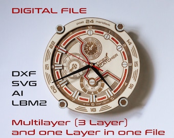 Laser cut clock / wall clock. Chronograph style. Digital File as dxf, svg, ai and lbm2 (Lightburn) Wall decor. Multilayer / one layer in one file