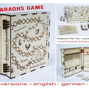 Laser cut game box. Complete box and game board only in files. DXF, AI, LBM2, SVG. Digital file. For 4mm. English, German and Italian versions.