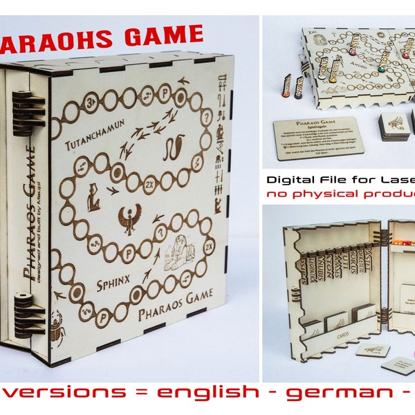 Lasercut Gamebox. Complete Box and Gamebord only in files. DXF, AI, LBM2, SVG. Digital file. For 4mm. english, german and italiano versions.