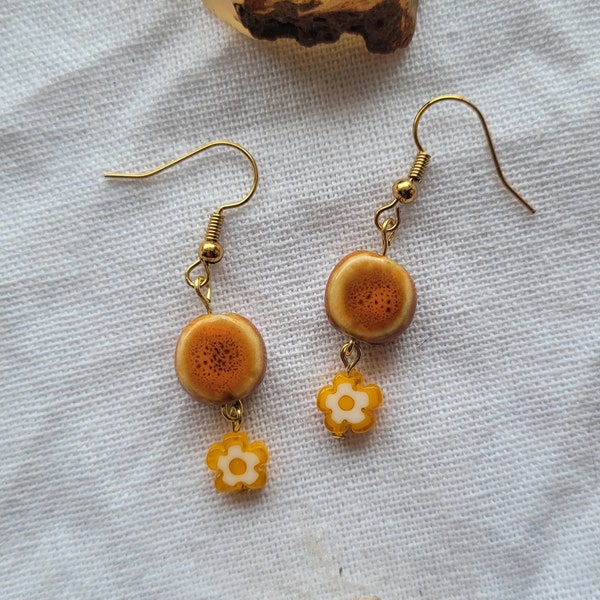 Orange Ceramic and Millefiori Glass Floral Beaded Dangle Drop Earrings, Gold Plated, Hypoallergenic, Tarnish Resistant