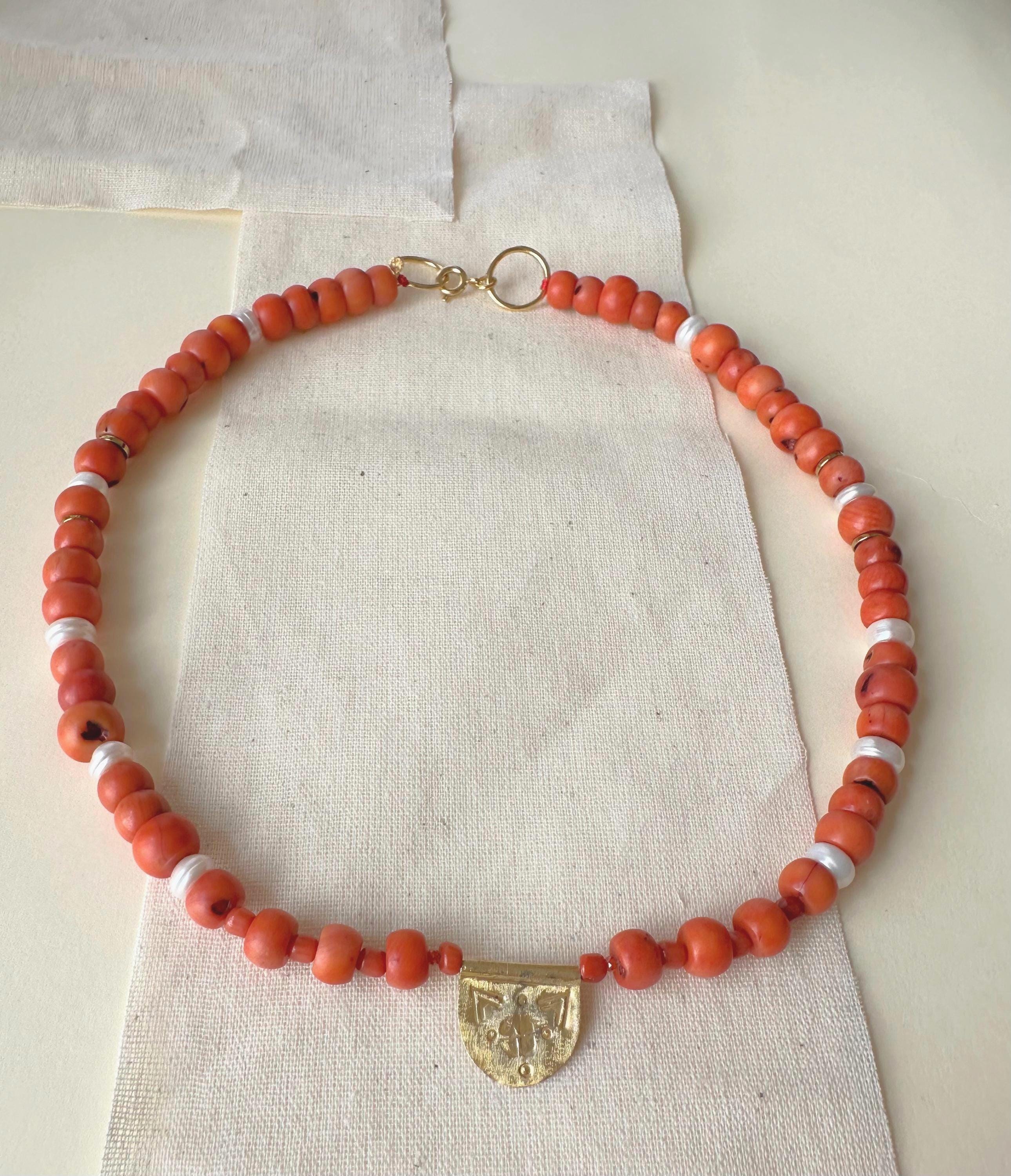 Collier Vintage En Perles De Corail Orange - 52 Cm - Fermoir Argent - Ancien
