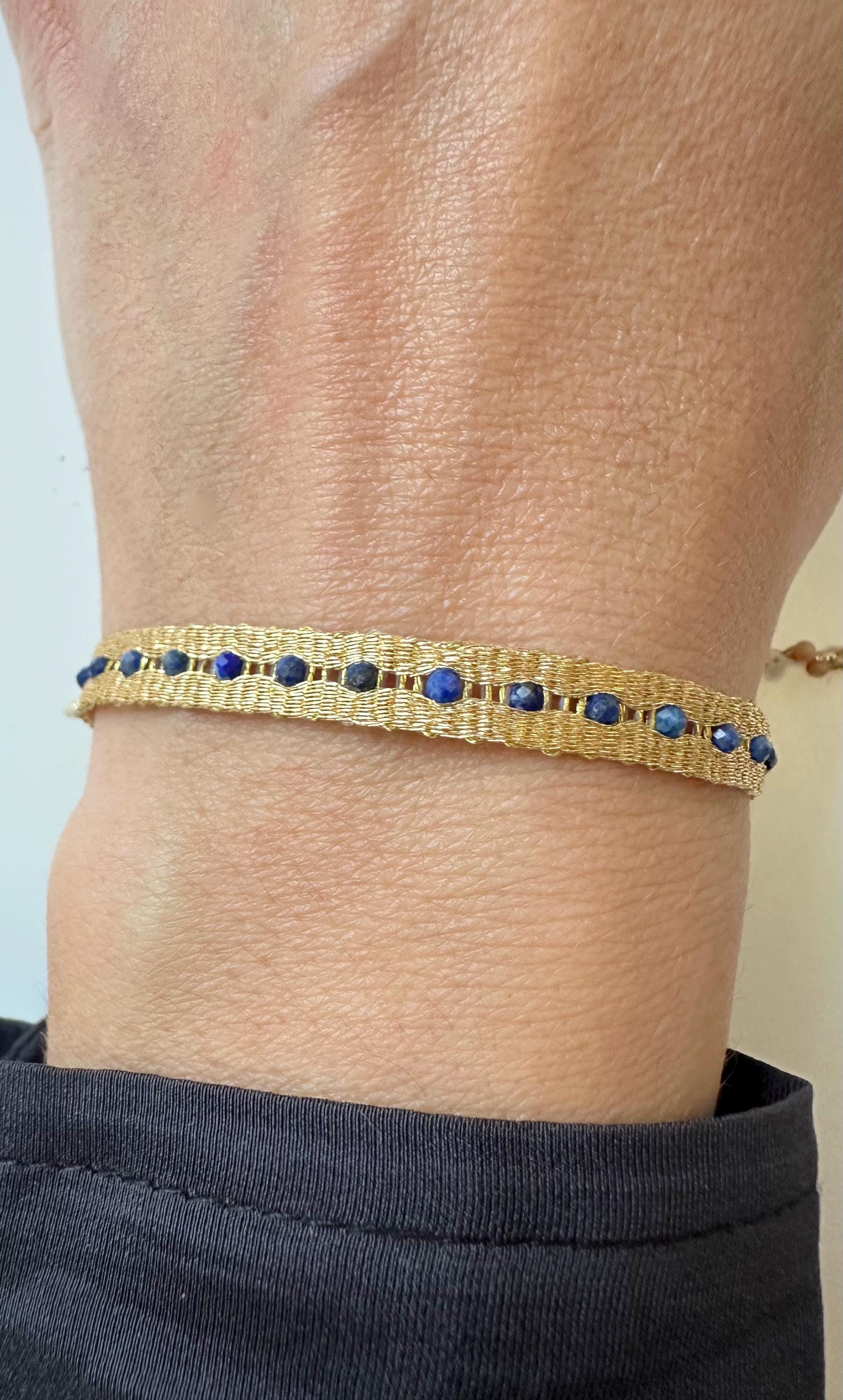 Lapis Lazuli Beaded Handwoven Minimalist Bracelet, Golden Threads Handmade Semi-precious Stones Bracelet, Unique Gift For Her