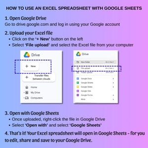 Puede incluir: Una gu&iacute;a titulada "HOW TO USE AN EXCEL SPREADSHEET WITH GOOGLE SHEETS" con pasos numerados y capturas de pantalla. La gu&iacute;a muestra c&oacute;mo subir un archivo Excel a Google Drive y abrirlo con Google Sheets. El fondo es un degradado de morado y rosa.
