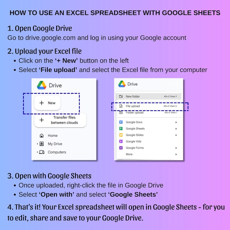 Puede incluir: Una gu&iacute;a titulada "HOW TO USE AN EXCEL SPREADSHEET WITH GOOGLE SHEETS" con pasos numerados y capturas de pantalla. La gu&iacute;a muestra c&oacute;mo subir un archivo Excel a Google Drive y abrirlo con Google Sheets. El fondo es un degradado de morado y rosa.