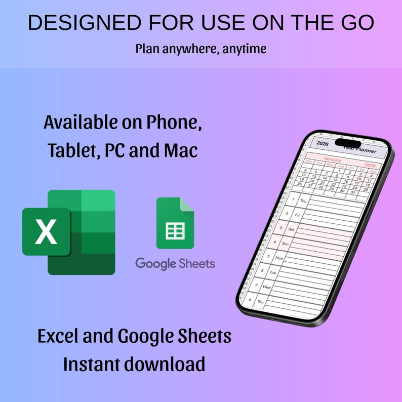 Puede incluir: Un planificador digital que se muestra en la pantalla de un tel&eacute;fono inteligente, con un dise&ntilde;o de calendario para enero de 2026. La imagen incluye el texto "Dise&ntilde;ado para usar sobre la marcha" y menciona la disponibilidad en tel&eacute;fono, tableta, PC y Mac.