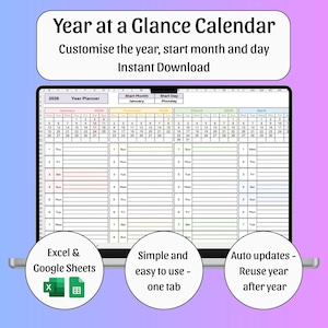 Puede incluir: Una plantilla de calendario anual digital que se muestra en la pantalla de una computadora port&aacute;til. El calendario es personalizable, lo que permite a los usuarios seleccionar el a&ntilde;o, el mes de inicio y el d&iacute;a. El dise&ntilde;o incluye secciones para Excel y Google Sheets, con el texto "Descarga instant&aacute;nea".
