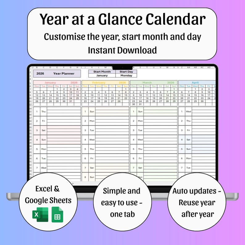 Puede incluir: Una plantilla de calendario anual digital que se muestra en la pantalla de una computadora port&aacute;til. El calendario es personalizable, lo que permite a los usuarios seleccionar el a&ntilde;o, el mes de inicio y el d&iacute;a. El dise&ntilde;o incluye secciones para Excel y Google Sheets, con el texto "Descarga instant&aacute;nea".