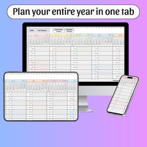 Puede incluir: Un planificador digital que se muestra en un monitor de computadora, una tableta y un tel&eacute;fono inteligente. El planificador muestra un calendario anual con meses y fechas. El texto en la parte superior dice: "Planifica todo tu a&ntilde;o en una pesta&ntilde;a."