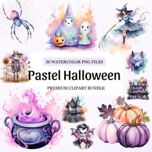 Pakiet pastelowych clipartów Halloween: 30 akwarelowych grafik PNG (do pobrania w wersji cyfrowej)