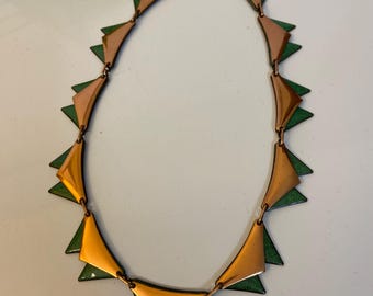 Vintage 1954 Green Matisse Modernist Copper Enamel link necklace. 16”