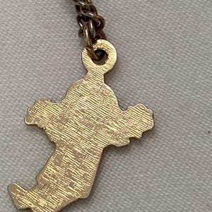 May include: A gold-colored pendant in the shape of Italy hangs from a delicate chain. The pendant has a textured surface and is attached to a small, circular loop. The chain is a darker, bronze color.