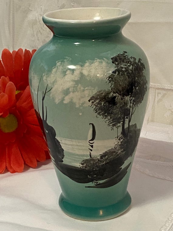 Vintage Portugal Hand-painted Pottery Vase: Trees & Lake. - Etsy display picture 1